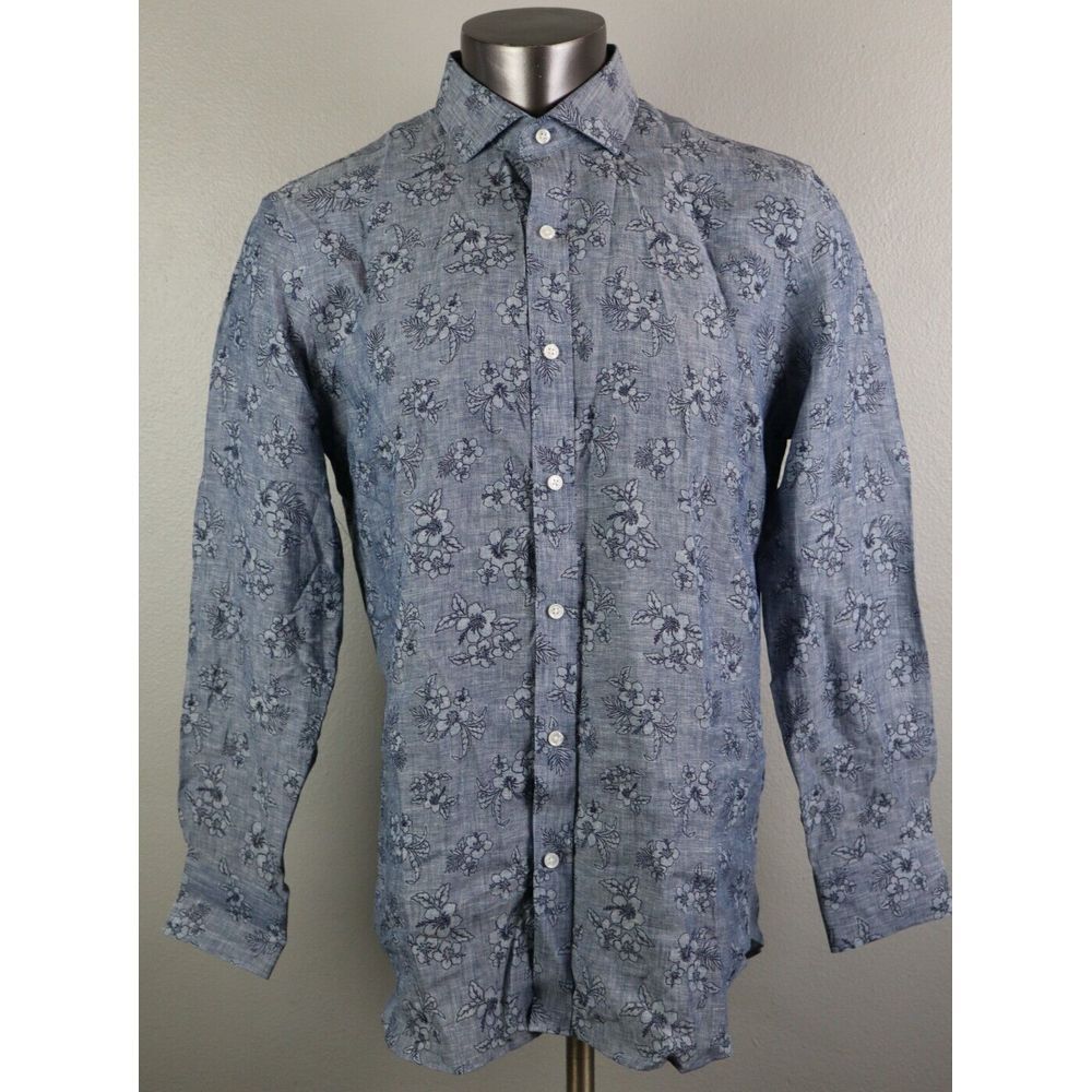 Mens Bonobos Long Sleeve Button Front Floral Shirt Blue Linen Size 17 35 SLIM